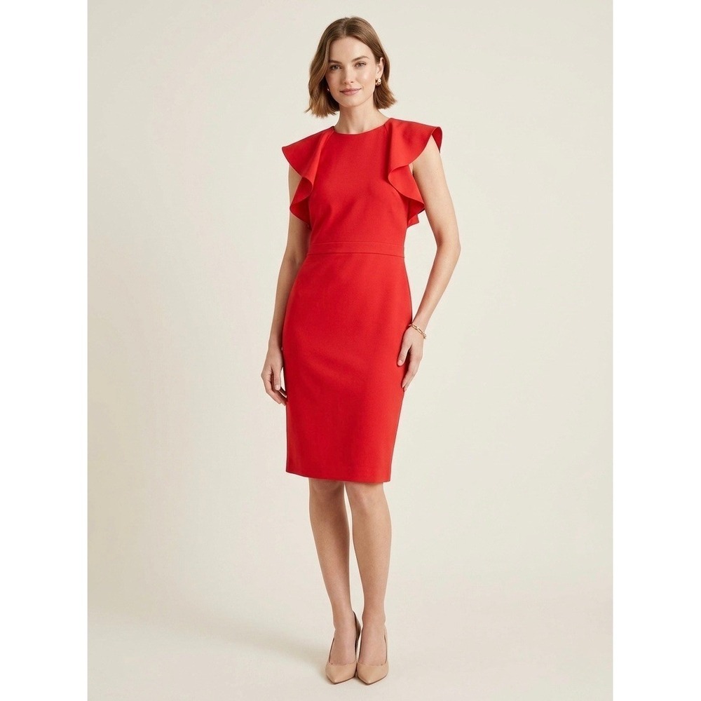 J.Crew Red Wool Ruffle Shoulder Sheath Dress F4012 Size 6